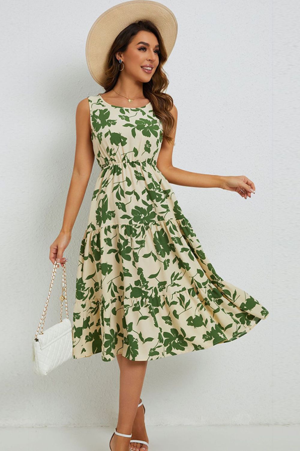 Floral Round Neck Tiered Sleeveless Dress by Faz