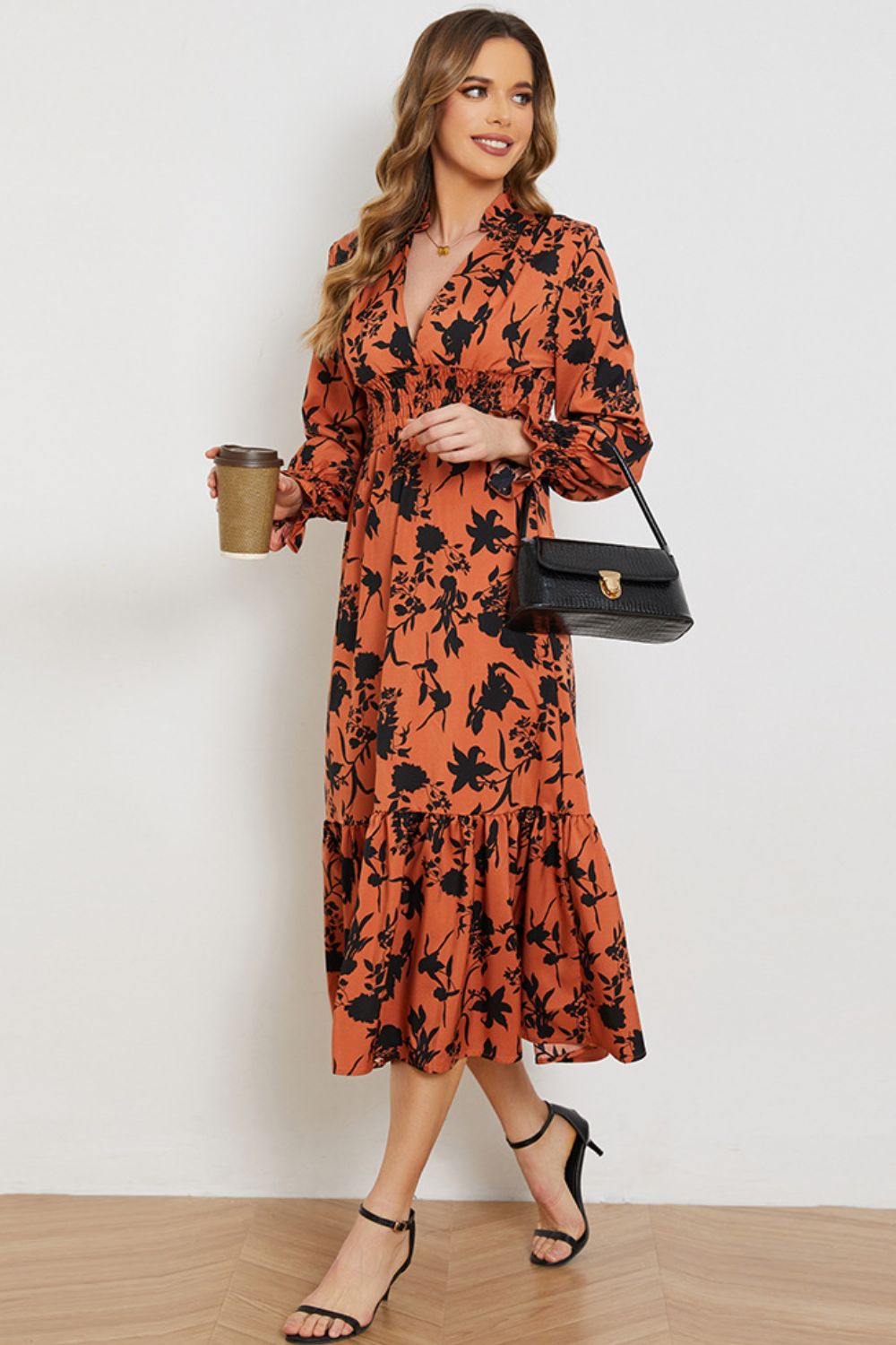 Floral Smocked Long Flounce Sleeve Dress by Faz