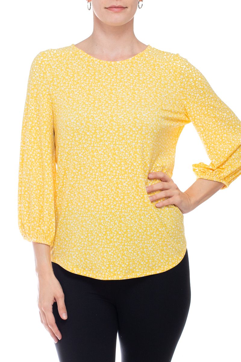 Adrianna Papell Crew Neck 3/4 Sleeve Elastic Cuff Multi Print Keyhole Back Button Closure Knit Top by Curated Brands