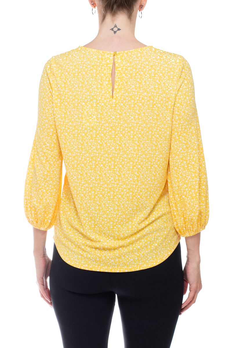 Adrianna Papell Crew Neck 3/4 Sleeve Elastic Cuff Multi Print Keyhole Back Button Closure Knit Top by Curated Brands