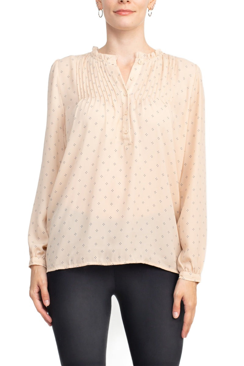 Adrianna Papell Crew Neck Long Sleeves Button Detail Woven Top by Curated Brands