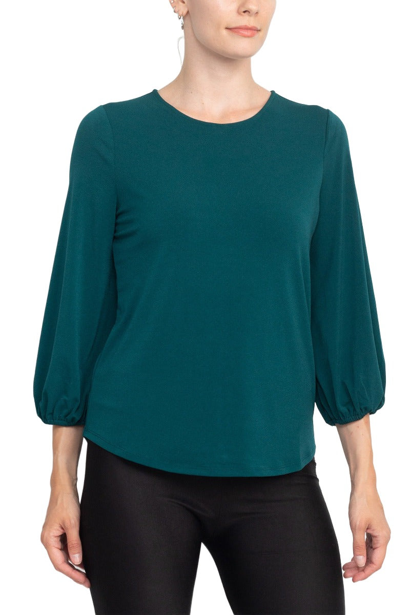 Adrianna Papell Boat Neck Back Button 3/4 Sleeves with Elastic Cuff Crepe Top by Curated Brands