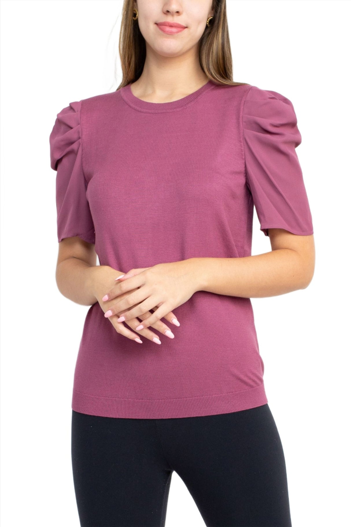 Adrianna Papell Crew Neck Short Sleeve Ruffled Shoulder Solid Knit Top by Curated Brands