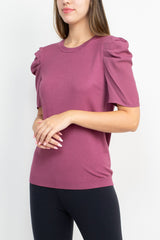 Adrianna Papell Crew Neck Short Sleeve Ruffled Shoulder Solid Knit Top by Curated Brands