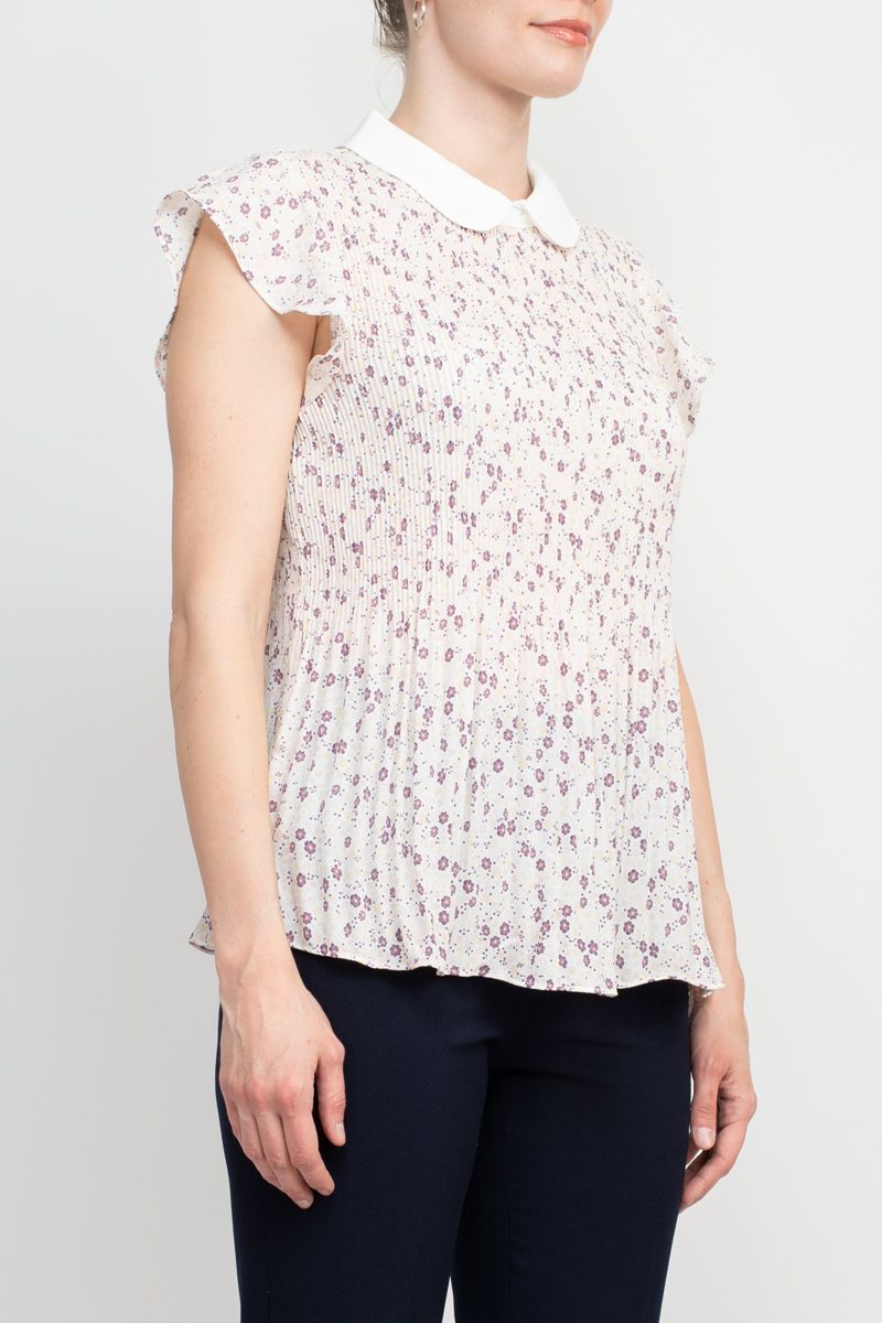 Peter Pan Collar Flutter Sleeve Pleated Printed Woven Georgette Top by Curated Brands