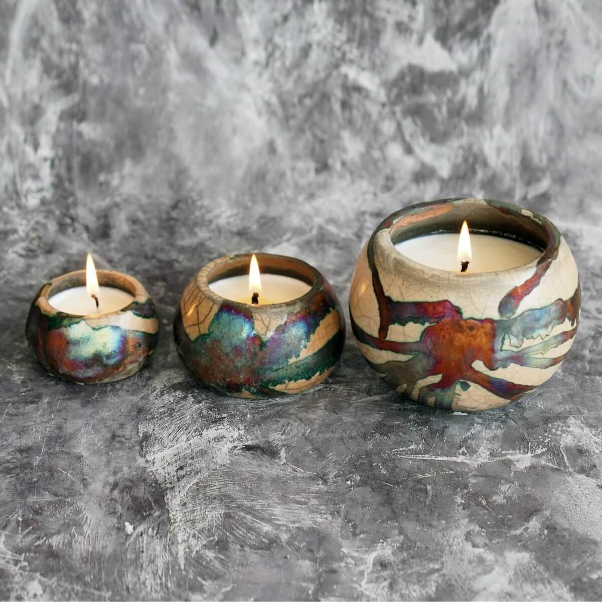 Akari Raku Pottery Refillable Set of 3 ( 1 L, 1M, 1S ) Scented Soy Wax Candles by RAAQUU