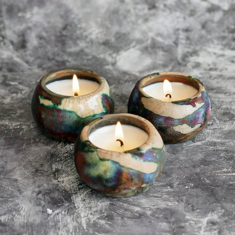 Akari Raku Pottery Refillable Set of 3 Medium Scented Soy Wax Candles by RAAQUU