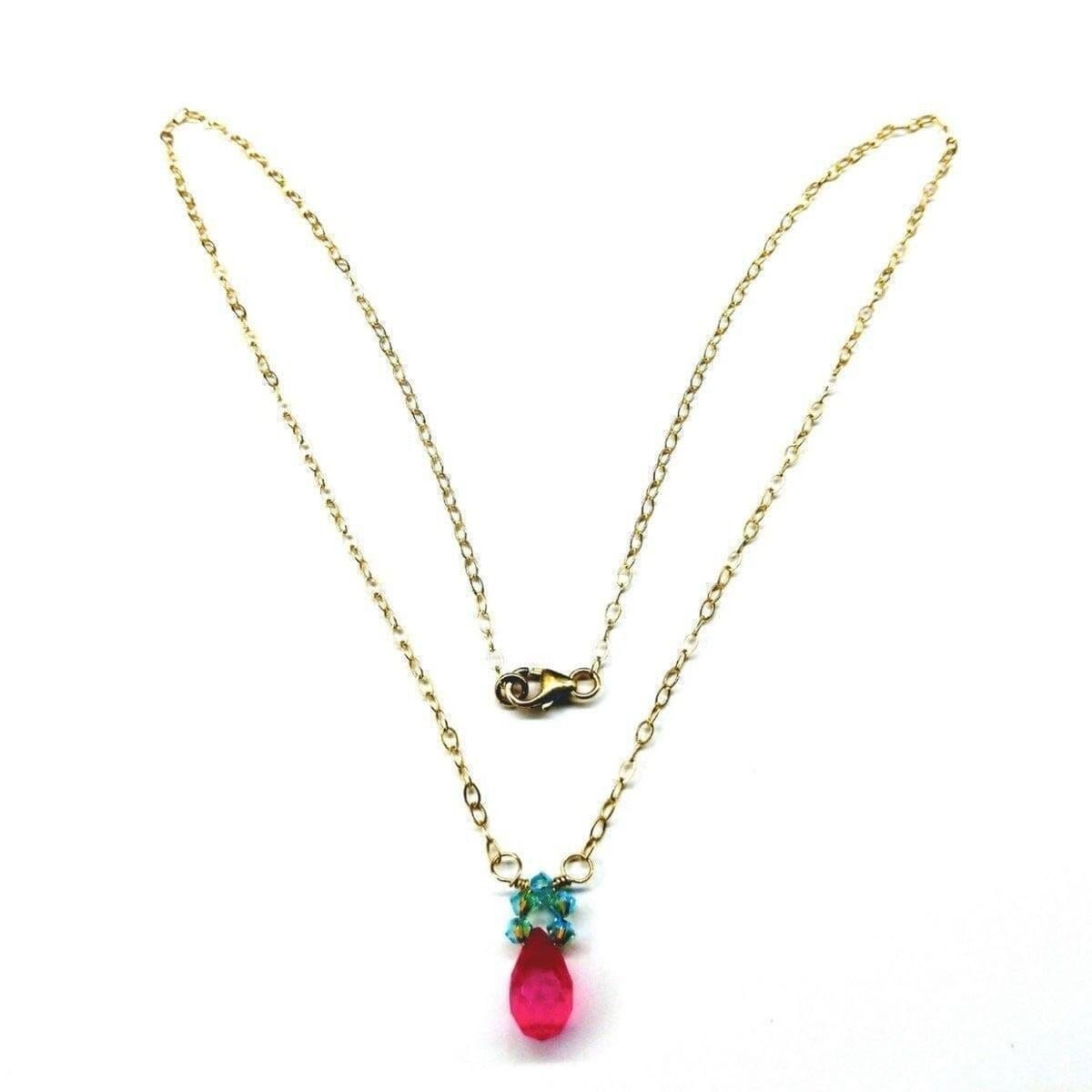 Pink Gemstone Drop and Turquoise Crystal 14 K Gold Filled Necklace by Alexa Martha Designs