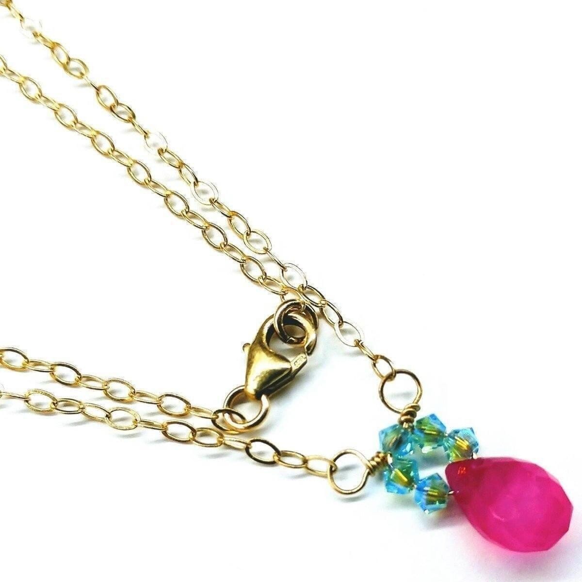 Pink Gemstone Drop and Turquoise Crystal 14 K Gold Filled Necklace by Alexa Martha Designs