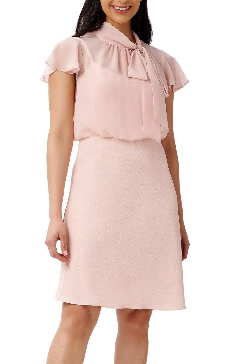 Adrianna Papell Tie Neck Illusion Sleeve Keyhole Back A-Line Crepe Chiffon Dress by Curated Brands