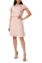 Adrianna Papell Tie Neck Illusion Sleeve Keyhole Back A-Line Crepe Chiffon Dress by Curated Brands