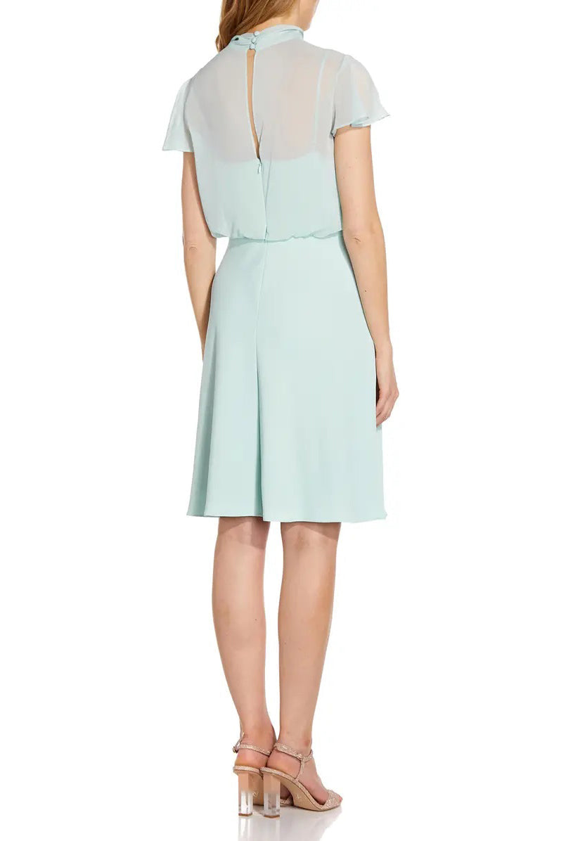 Adrianna Papell Tie Neck Illusion Sleeve Keyhole Back A-Line Crepe Chiffon Dress by Curated Brands