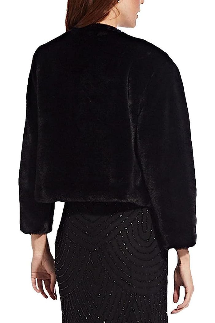 Adrianna Papell Crew Neck 3/4 Sleeve Solid Faux Fur Jacket by Curated Brands