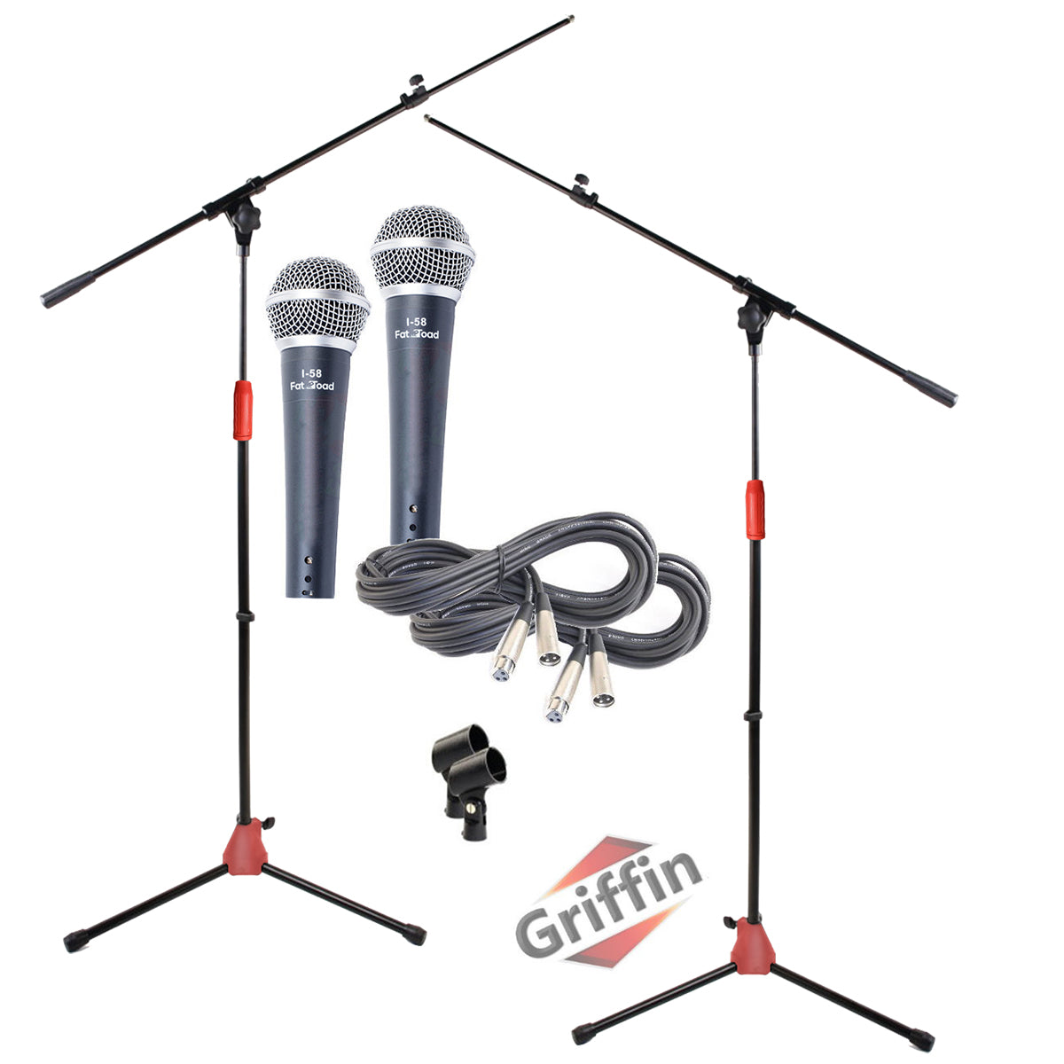 GRIFFIN Microphone Boom Stand, Cardioid Dynamic Mic, XLR Cable, & Clip (Pack of 2) - Telescoping Arm Holder, Tripod Mount - Vocal Unidirectional by GeekStands.com