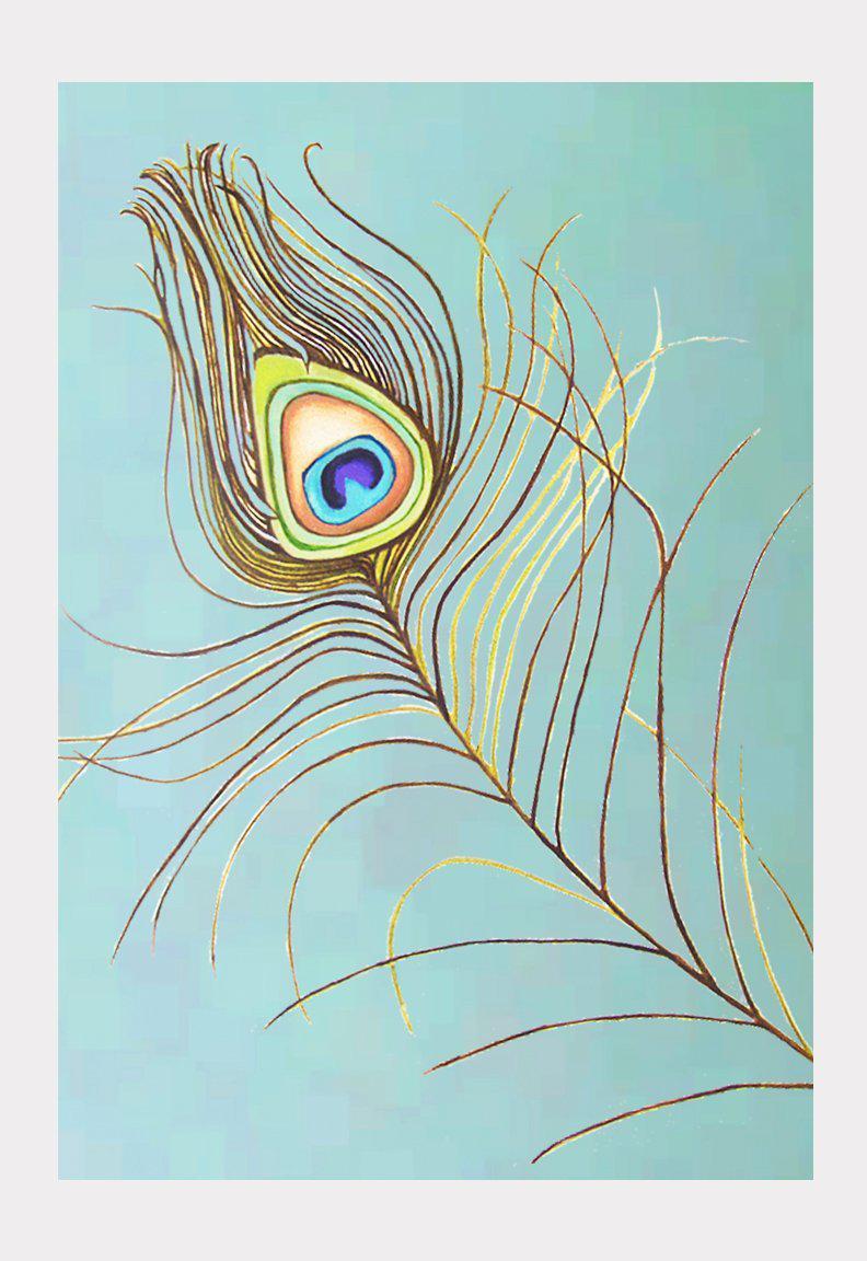 Art Print:  Peacock Feather on Aqua by India & Purry