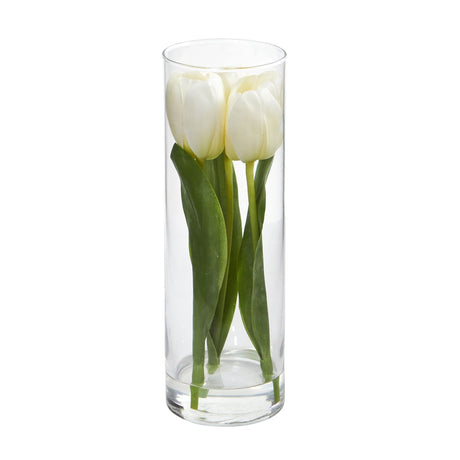 10" Artificial Tulips Arrangement in Glass Vase" by Nearly Natural