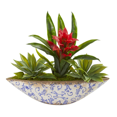 11" Bromeliad and Agave Artificial Plant in Floral Planter" by Nearly Natural