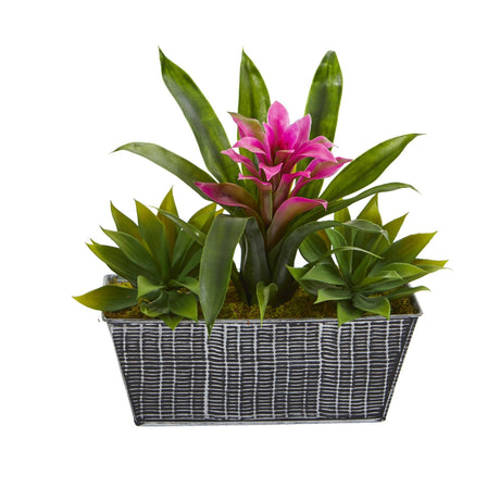 11” Bromeliad and Agave Plant in Black Tin Planter by Nearly Natural