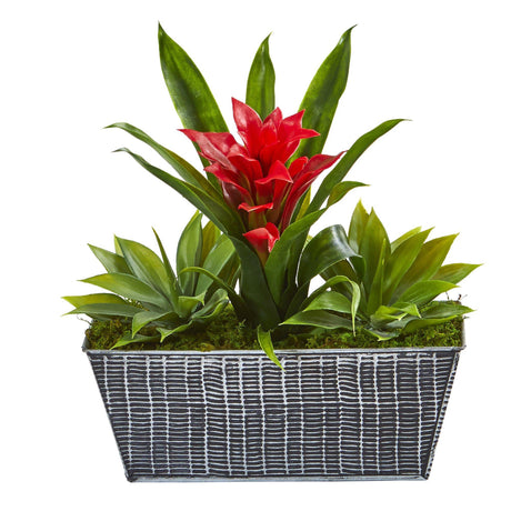 11” Bromeliad and Agave Plant in Black Tin Planter by Nearly Natural