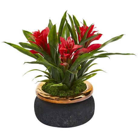 11” Bromeliad Artificial Plant in Stoneware Planter by Nearly Natural