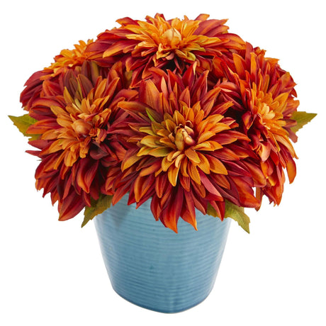 11’’ Dahlia Artificial Arrangement in Blue Ceramic Vase by Nearly Natural