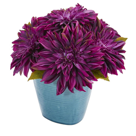 11’’ Dahlia Artificial Arrangement in Blue Ceramic Vase by Nearly Natural