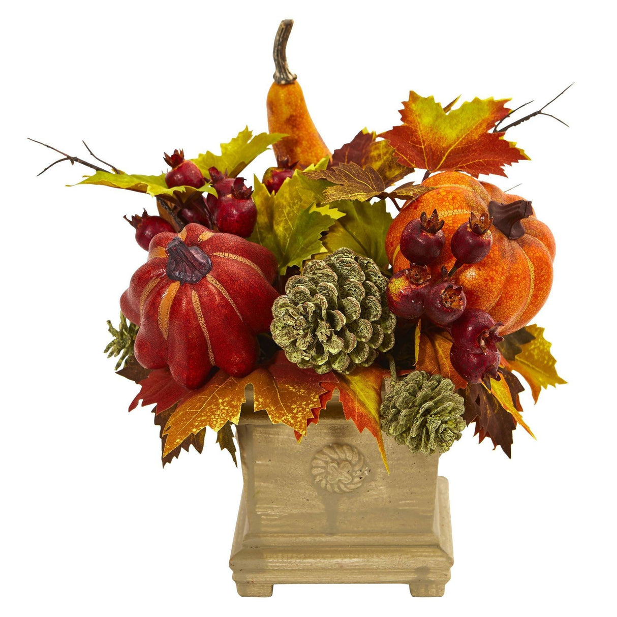 11" Pumpkin, Gourd, Berry and Maple Leaf Artificial Arrangement" by Nearly Natural