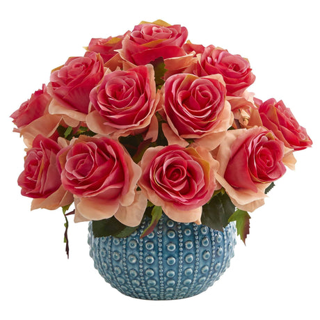 11.5’’ Rose Artificial Arrangement in Blue Ceramic Vase by Nearly Natural