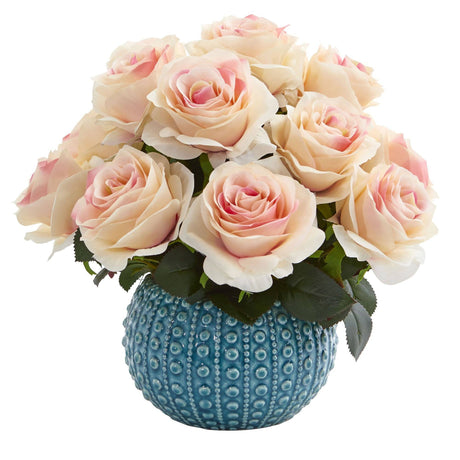 11.5’’ Rose Artificial Arrangement in Blue Ceramic Vase by Nearly Natural