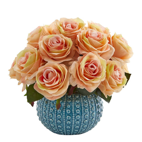 11.5’’ Rose Artificial Arrangement in Blue Ceramic Vase by Nearly Natural