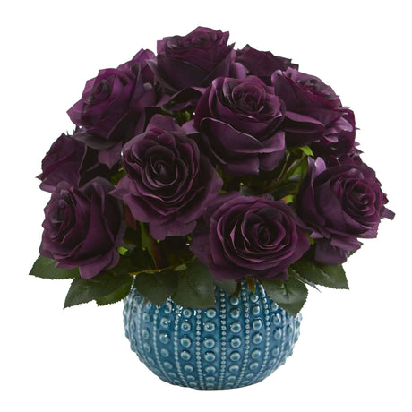 11.5’’ Rose Artificial Arrangement in Blue Ceramic Vase by Nearly Natural