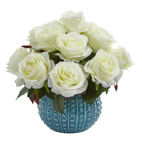 11.5’’ Rose Artificial Arrangement in Blue Ceramic Vase by Nearly Natural