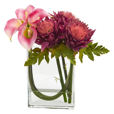 12’’ Calla Lily and Artichoke in Rectangular Glass Vase Artificial Arrangement by Nearly Natural