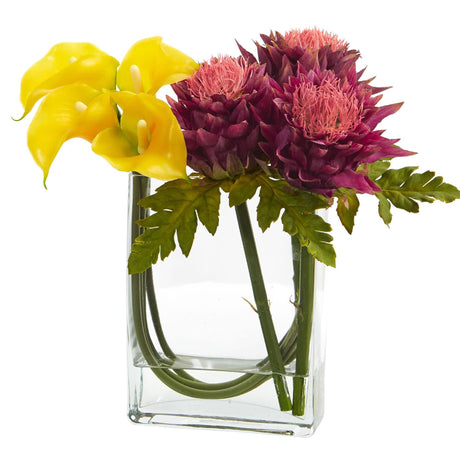 12’’ Calla Lily and Artichoke in Rectangular Glass Vase Artificial Arrangement by Nearly Natural