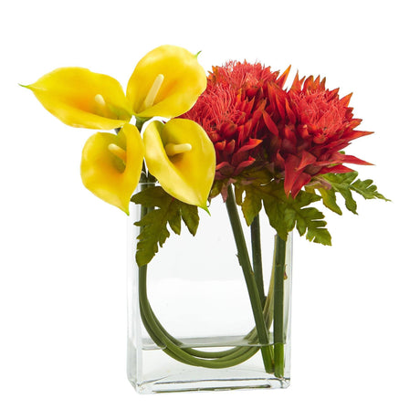 12’’ Calla Lily and Artichoke in Rectangular Glass Vase Artificial Arrangement by Nearly Natural