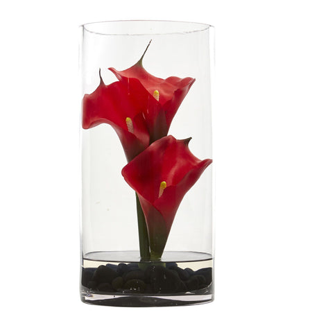 12” Calla Lily Artificial Arrangement in Cylinder Glass by Nearly Natural