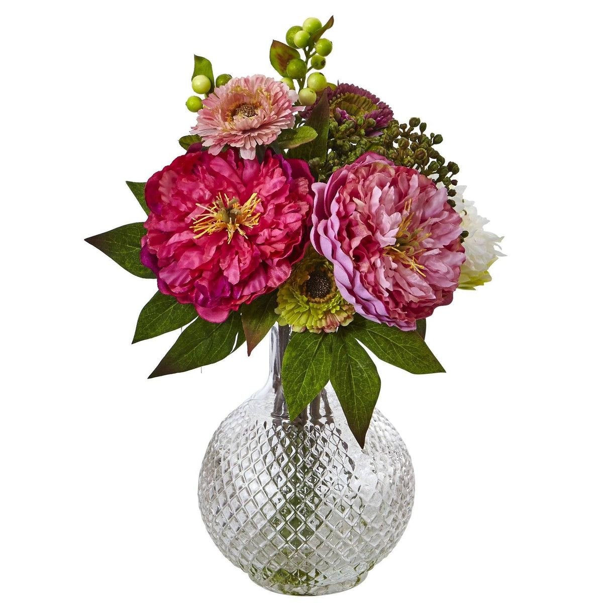 14" Artificial Peony and Mum in Glass Vase" by Nearly Natural