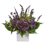 15” Hydrangea and Lavender Artificial Arrangement in White Vase by Nearly Natural