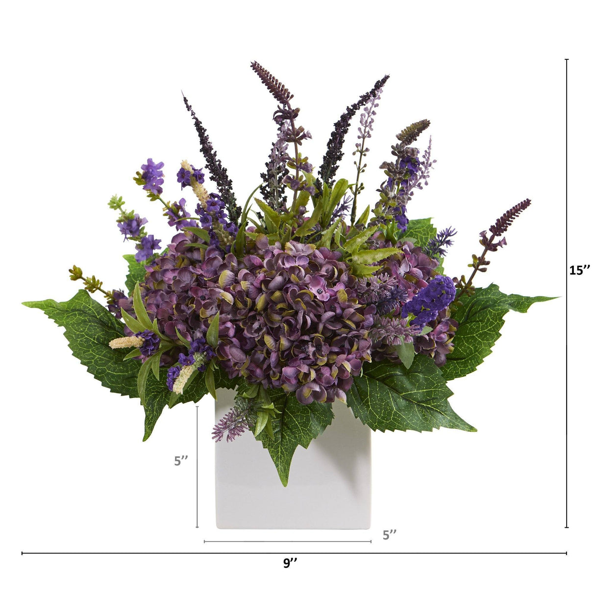 15” Hydrangea and Lavender Artificial Arrangement in White Vase by Nearly Natural