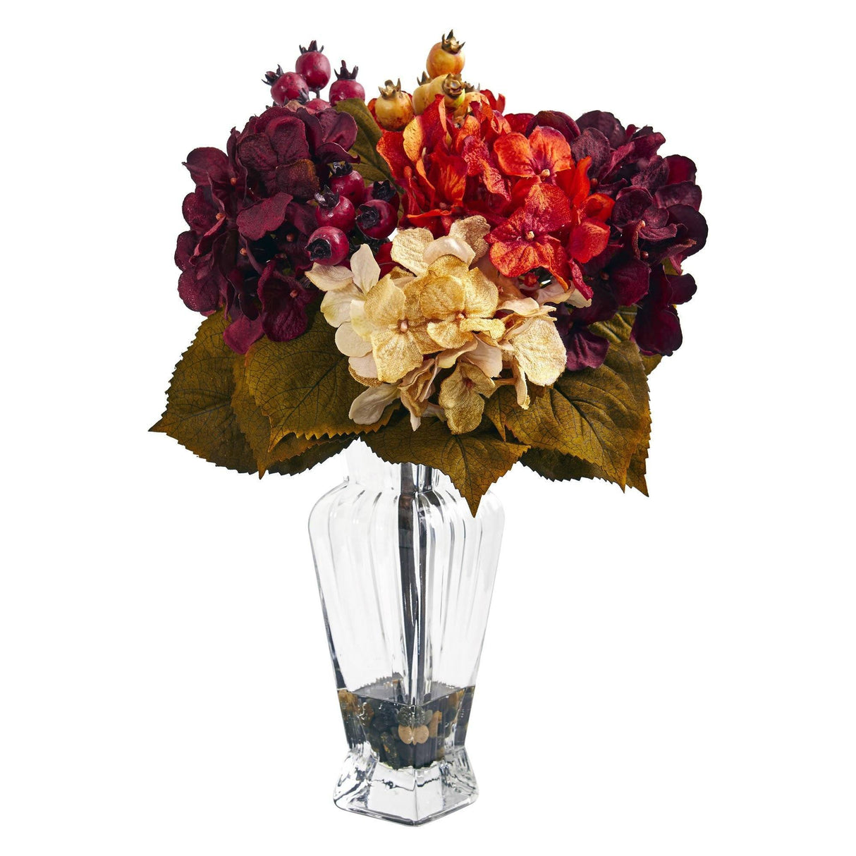 16" Artificial Autumn Hydrangea Berry Arrangement in Glass Vase" by Nearly Natural