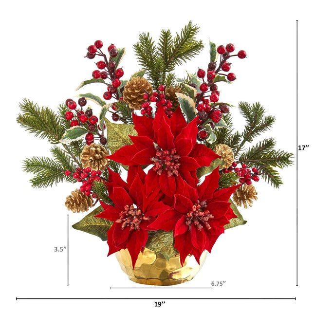 17” Poinsettia, Holly Berry and Pine Artificial Arrangement by Nearly Natural