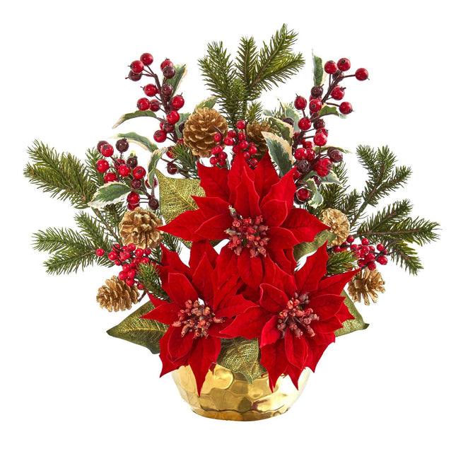 17” Poinsettia, Holly Berry and Pine Artificial Arrangement by Nearly Natural