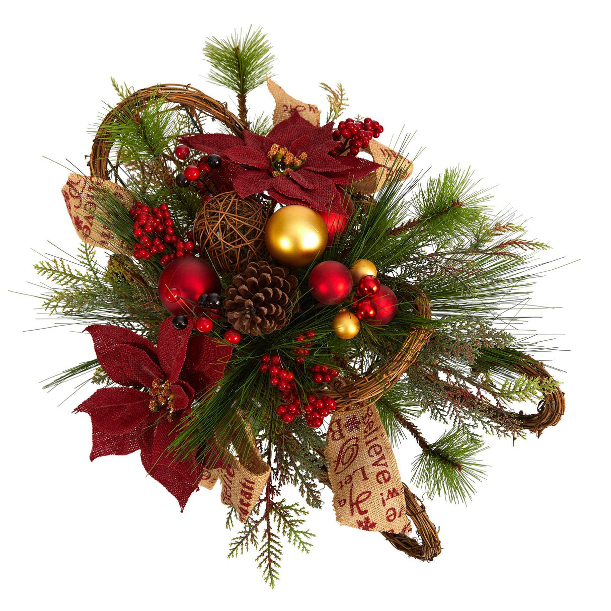 18” Christmas Sleigh with Poinsettia, Berries and Pinecone Artificial Arrangement with Ornaments by Nearly Natural