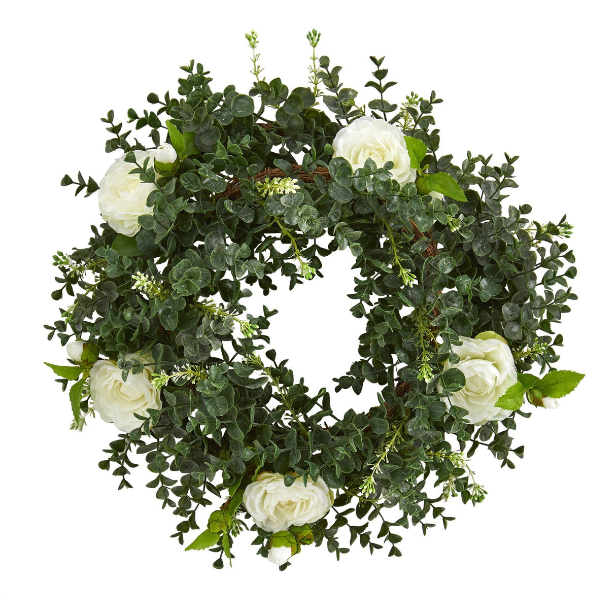 18” Eucalyptus and Camellia Double Ring Artificial Wreath with Twig Base by Nearly Natural