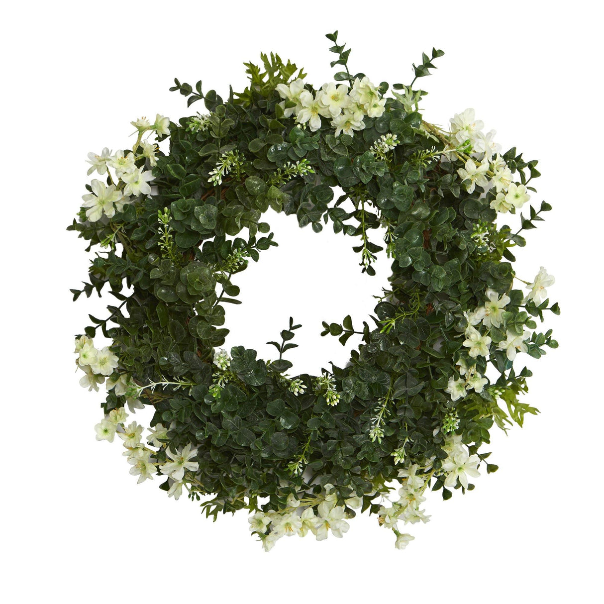 18” Eucalyptus and Dancing Daisy Double Ring Artificial Wreath with Twig Base by Nearly Natural