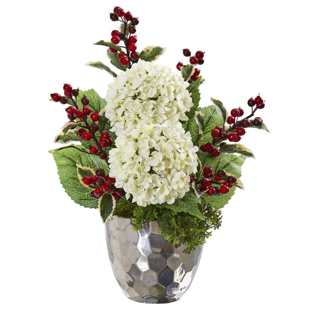 19” Hydrangea and Holly Berry Artificial Arrangement in Silver Bowl by Nearly Natural