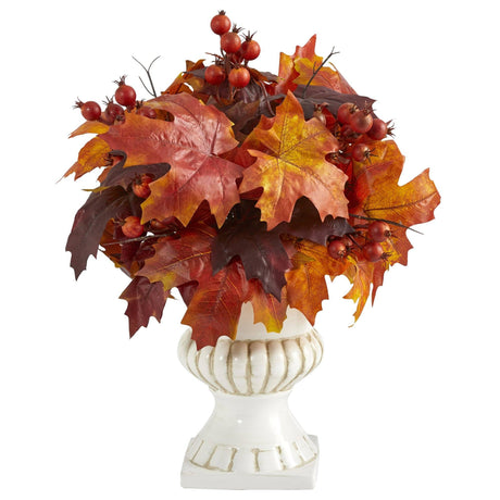 20” Autumn Maple Leaf and Berries Artificial Plant in White Urn by Nearly Natural - Vysn