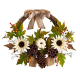 20” Autumn Sunflower, White Pumpkin and Dried Lotus Pod Artificial Fall Wreath with Decorative Bow by Nearly Natural