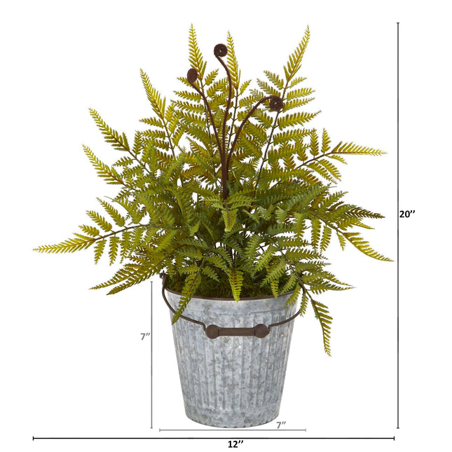 20” Fern Artificial Plant in Vintage Metal Bucket by Nearly Natural