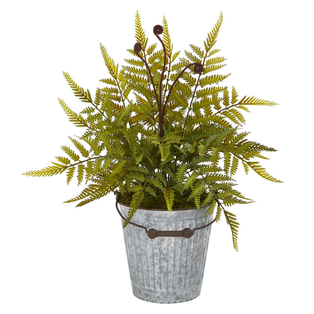20” Fern Artificial Plant in Vintage Metal Bucket by Nearly Natural